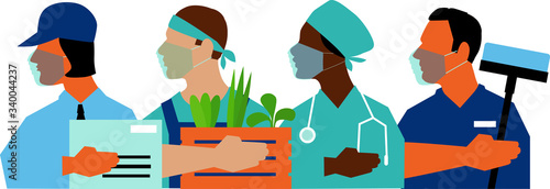 Members of essential workforce wearing medical face masks, EPS 8 vector illustration	