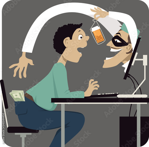 Criminal, pretending to be a health care professional, attempting to scam a person offering him medication on-line,  EPS 8 vector illustration