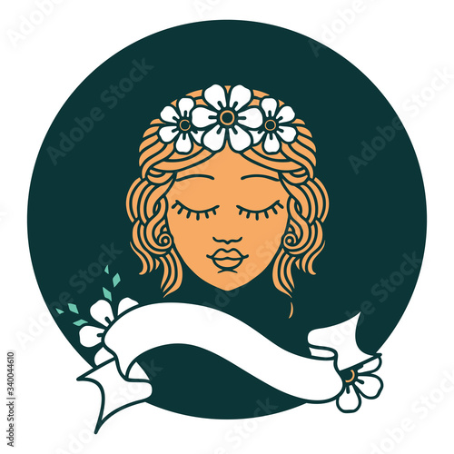 icon with banner of a maiden with eyes closed