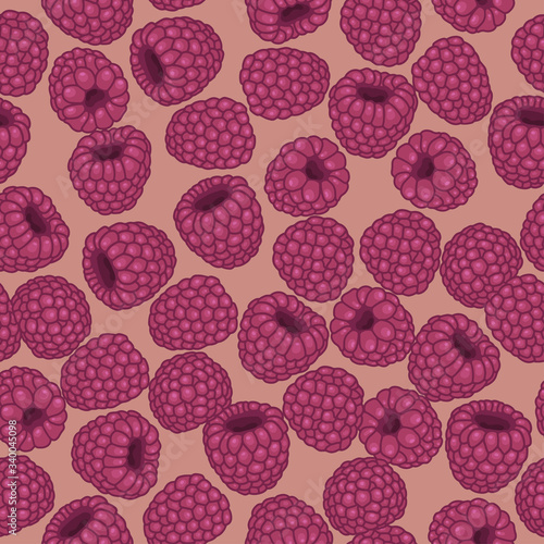 Seamless pattern with raspberries. Vector background design for tea, juice, sweets and buns with raspberry filling, eco products. Vegetarian menu. Best for textiles, wrapping paper, banners, posters