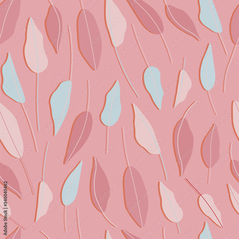 Hand drawn leaves seamless repeat vector pattern for wrapping paper,fabrics,textile,wallpaper.Botanical vector pattern.Blue,pink leaves on a pink background. Hand drawn leaves seamless repeat vector pattern for wrapping paper,fabrics,textile,wallpaper.Botanical vector pattern.Blue,pink leaves on a pink background.