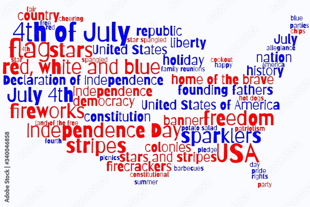 July 4th word cloud in the shape of the continental US