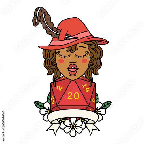 human bard character with natural 20 dice roll illustration