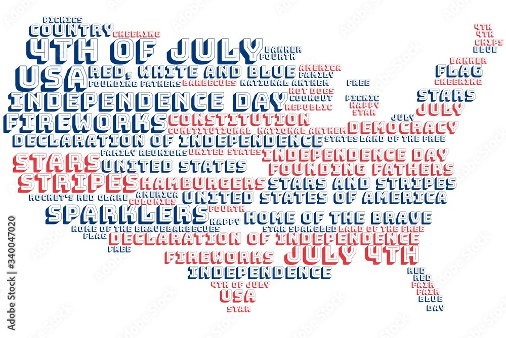 Fototapeta premium Independence Day, 4th of July, word cloud in the shape of the USA