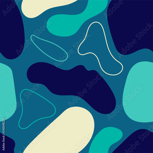 Abstract liquid shapes seamless repeat vector pattern.Hand drawn various shapes. Contemporary modern trendy vector illustrations.Green,yellow and blue liquid shapes on dark background.