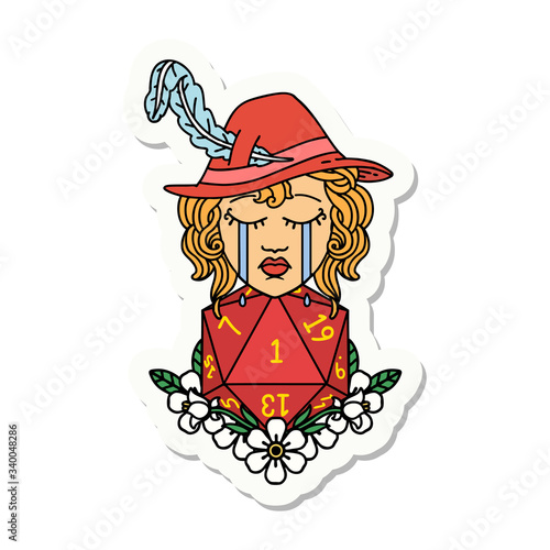 crying human bard with natural one D20 dice roll sticker
