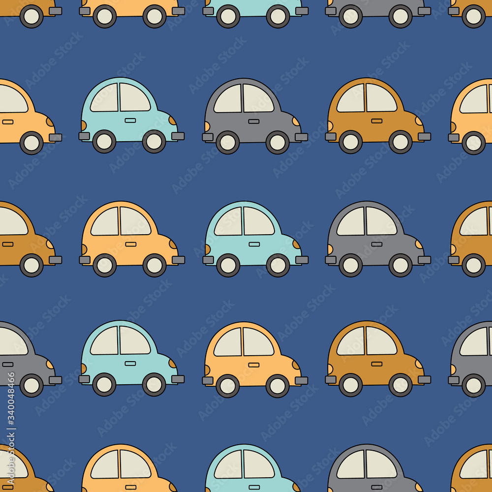 Vector pattern with cute cars on blue background
