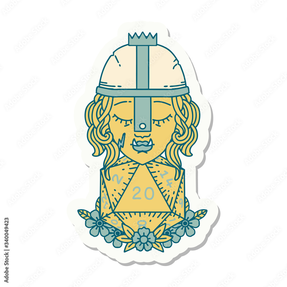 orc fighter character with natural twenty dice roll sticker orc fighter character with natural twenty dice roll sticker