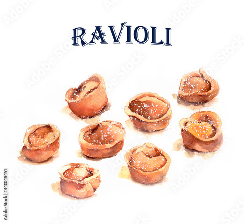 illustration products and kitchen accessories for home cooking and eating ravioli-flour, eggs, meat, onions, ketchup, meat grinder, hand-made ravioli