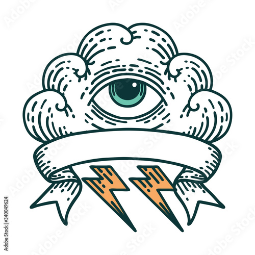 tattoo with banner of an all seeing eye cloud