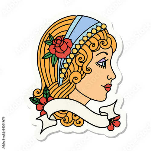 tattoo sticker with banner of a gypsy head