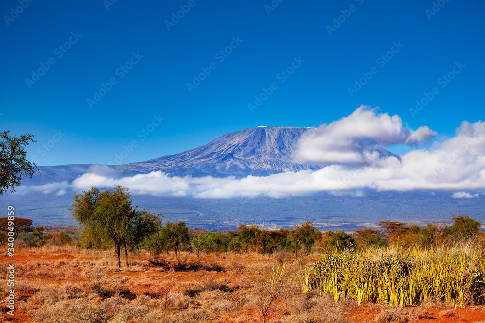 Kilimanjaro in clouds mountain view from Kenya national park Amboseli, Africa