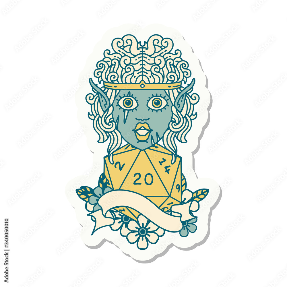 elf barbarian character face with natural twenty dice roll sticker elf barbarian character face with natural twenty dice roll sticker