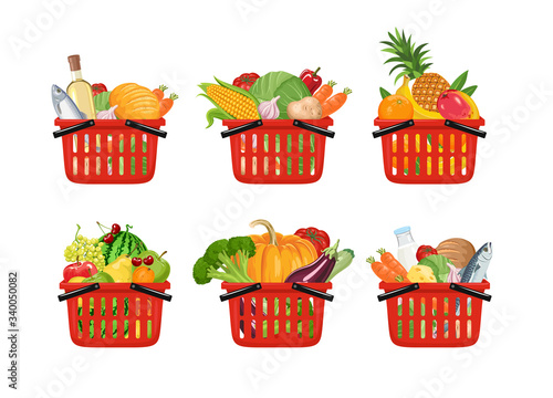 Set of Red grocery shopping baskets full of different fresh food isolated on white background. Vector illustration of bread, milk, cheese, fish,vegetables and fruits in cartoon flat style.