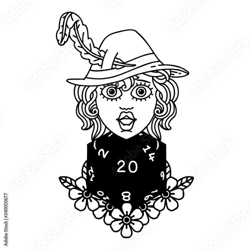 human bard with natural 20 dice roll illustration