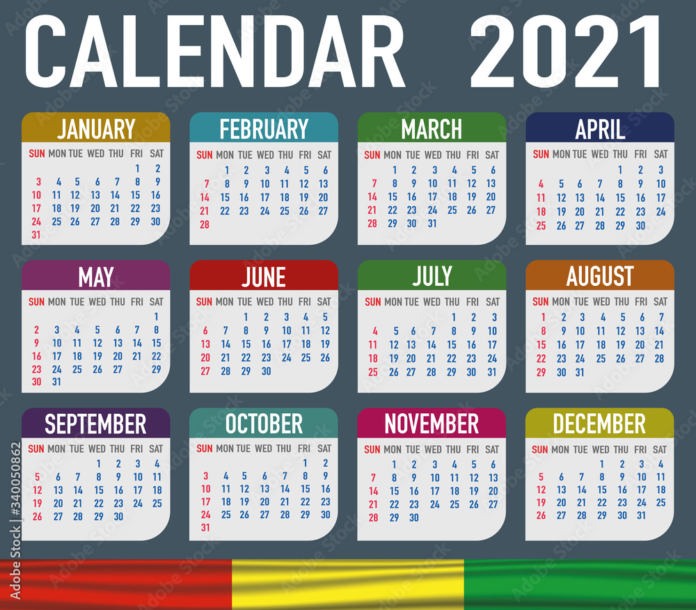 Guinea Calendar with flag. Month, day, week. Simply flat design. Vector illustration background for desktop, business, reminder, planner Guinea Calendar with flag. Month, day, week. Simply flat design. Vector illustration background for desktop, business, reminder, planner
