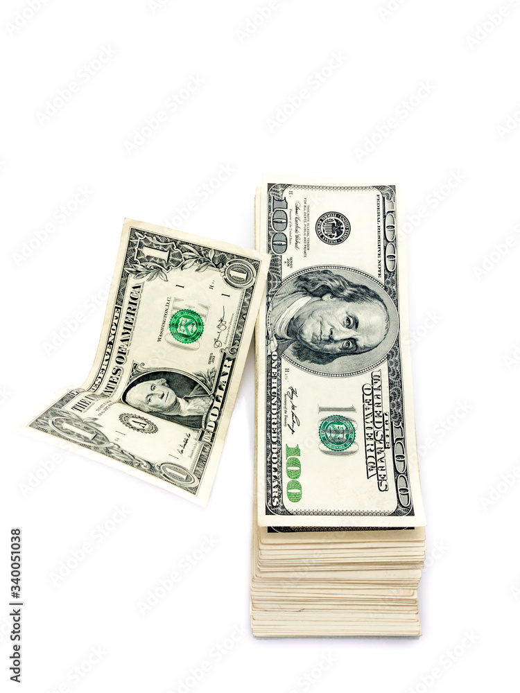 American dollars isolated on white background. Paper money. American banknotes. Pack of money. Finance. Business. Bucks. American dollars isolated on white background. Paper money. American banknotes. Pack of money. Finance. Business. Bucks.