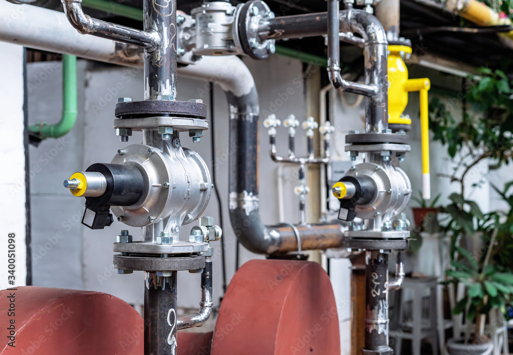 Gas boiler room equipment. Gas pipeline with safety gas valve. Gas boiler room equipment. Gas pipeline with safety gas valve.