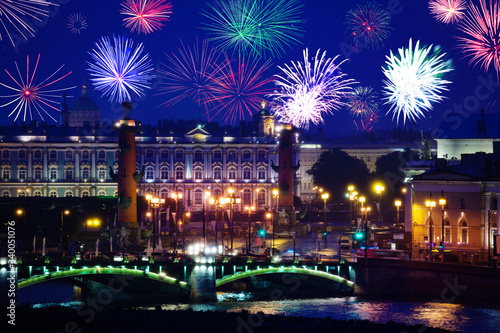Fireworks over Rostralnaya Kolonna or column on Neva river and Winter Palace, Zimnij dvorets in Saint Petersburg, Russia photo