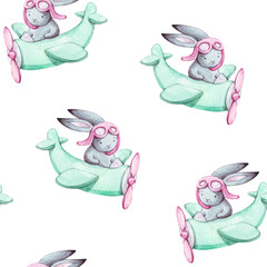 Wandcirkels Aquarel prints patronen Cute seamless pattern watercolor cartoon bunny on blue airplane. Kids illustration. For baby textile, fabric, print and wallpaper.  © BloomPix