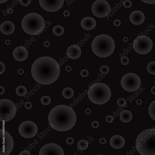 Seamless pattern of gray gradient balls on a black background. Elements of different sizes and randomly arranged.