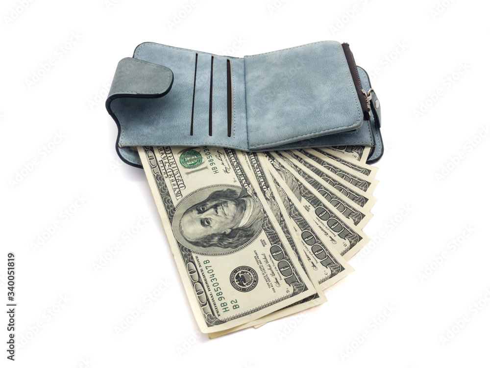 American dollars and wallet isolated on white background. Set of paper money and a wallet. Business and finance. American dollars and wallet isolated on white background. Set of paper money and a wallet. Business and finance.