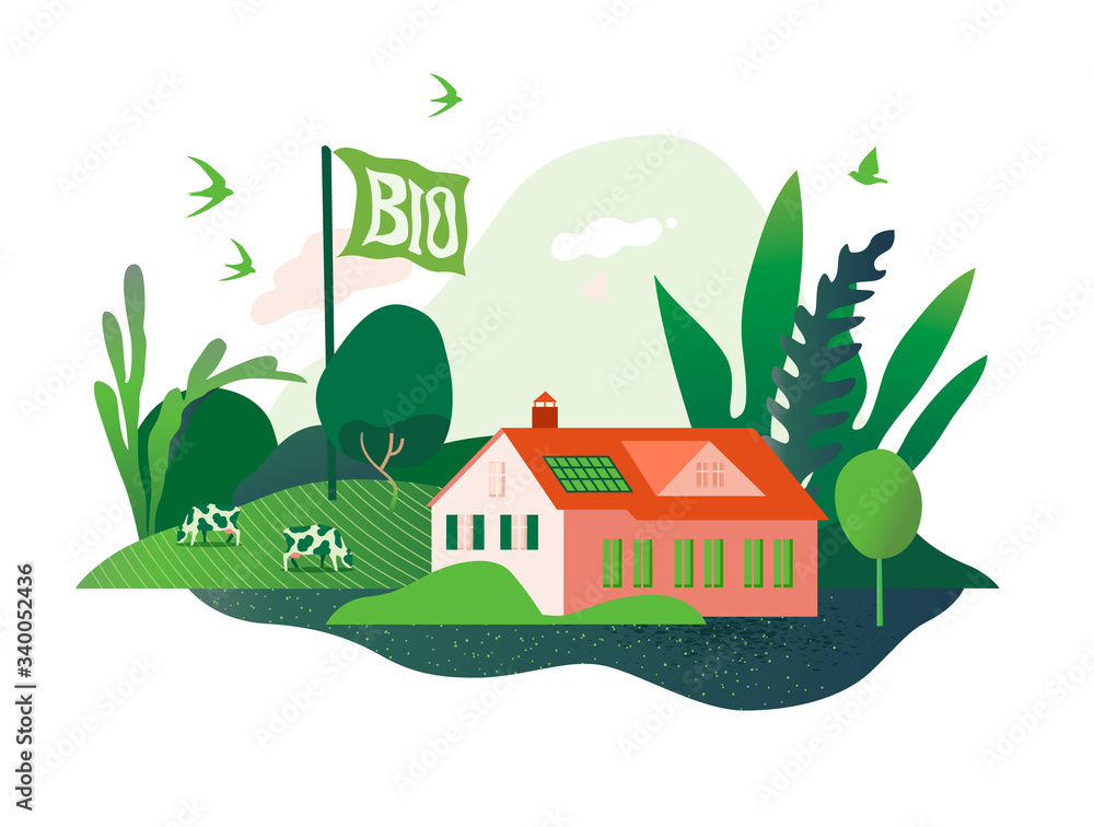 Happy Spring and summer. Illustration of a farm, ranch, rural scene, agriculture, farming, animal husbandry. Illustration of farm animals, cows on pasture, birds. Template for banners, posters