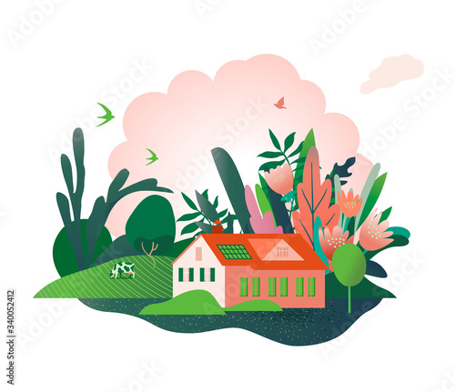 Happy Spring and summer. Illustration of a farm, ranch, rural scene, agriculture, farming, animal husbandry. Illustration of farm animals, cows on pasture, birds. Template for banners, posters