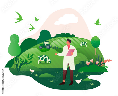 Happy Spring and summer. Illustration of an agronomist of a farm, ranch, rural scene, agriculture, farming, animal husbandry. Illustration of farm animals, cows on pasture, birds. Template for banners