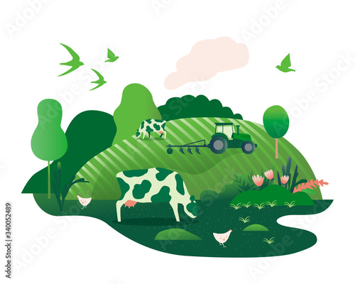 Happy Spring and summer. Illustration with agriculture  farming  animal husbandry  and harvest. Illustrations of tractors  farm animals  cows on pasture  birds. Template for banners  posters