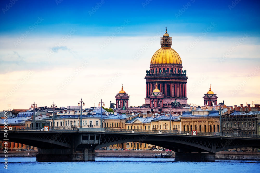 St. Isaac's Cathedral over Neva river and Admiralty Embankment, Saint Petersburg, Russia