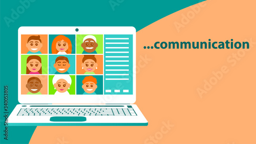 Remote video calling on a laptop. On a computer screen, a group of people in a joint conference. On the faces of men and women smiles. Vector flat illustration with place for text.