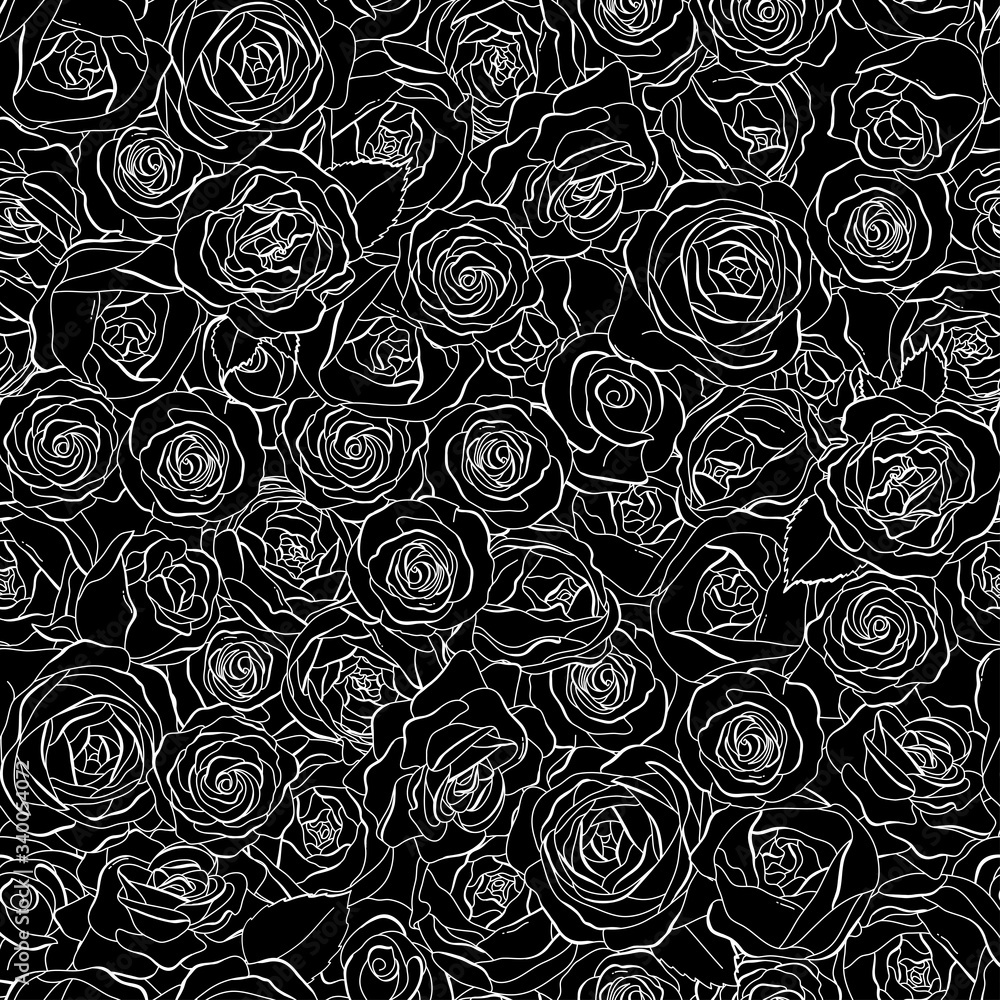 Seamless pattern with rose flowers. White outline on a black background. Seamless pattern with rose flowers. White outline on a black background.