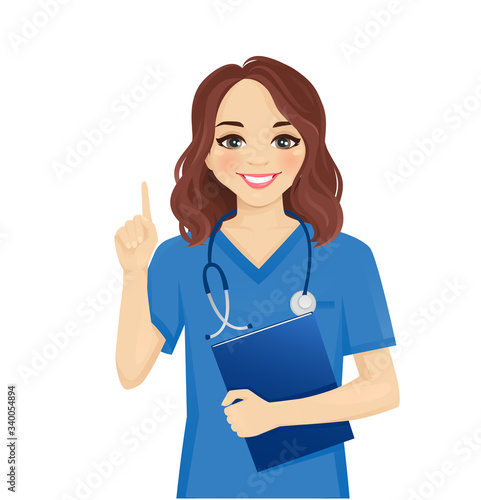 Female woman nurse character pointing finger up isolated vector illustartion
