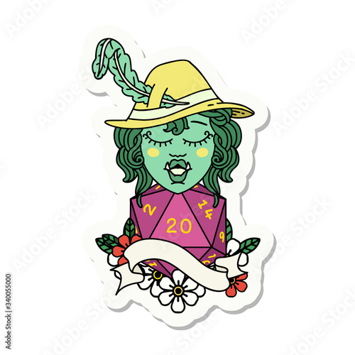 singing half orc bard character with natural twenty dice roll sticker