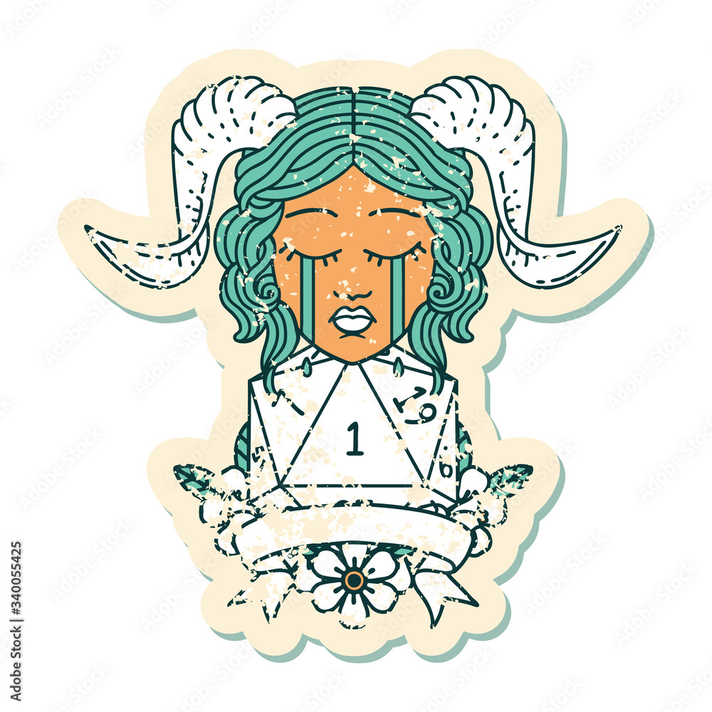 crying tiefling face with natural 1 D20 Dice illustration crying tiefling face with natural 1 D20 Dice illustration