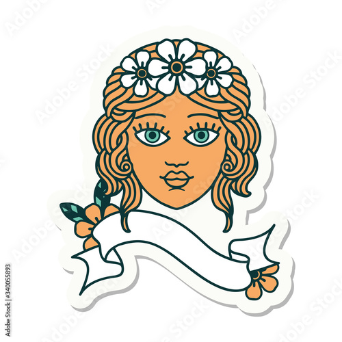 tattoo sticker with banner of female face with crown of flowers
