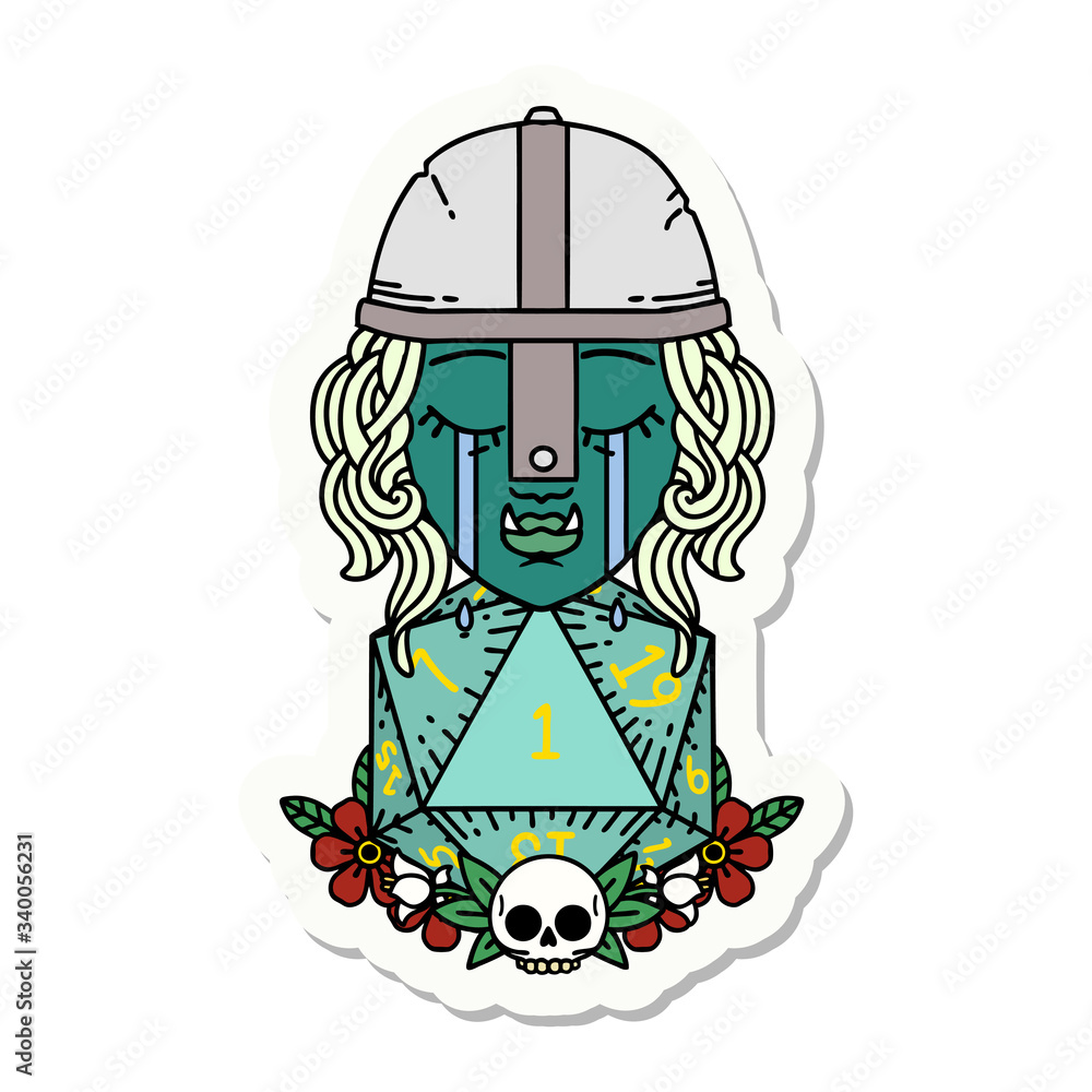 crying orc fighter character with natural one D20 roll sticker crying orc fighter character with natural one D20 roll sticker