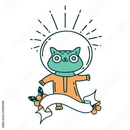 banner with tattoo style cat in astronaut suit