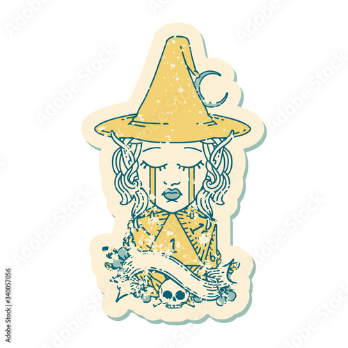 crying elf mage character face with natural one D20 roll illustration
