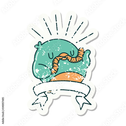 grunge sticker of tattoo style robin with worm