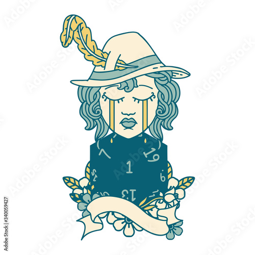 crying human bard with natural 1 D20 roll illustration