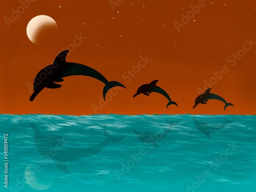 The dolphin family happily swim and jump over the water in the middle of the sea and the night sky with the glittering moon and stars.