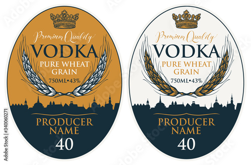 Set of vector labels for vodka in retro style with wheat ears, a crown and silhouette of the old city in an oval frame. Premium quality, pure wheat grain, collection of strong alcoholic beverages