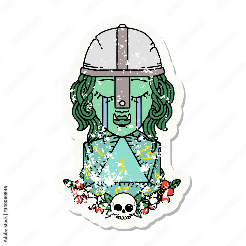 crying orc fighter character with natural one D20 roll grunge sticker crying orc fighter character with natural one D20 roll grunge sticker
