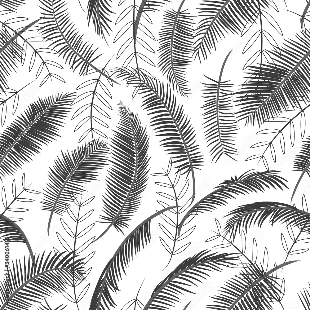 Seamless pattern with palm leaves. Tropical texture, black palm branches on a white background. Linear outline, flat design. Vector illustration, minimal motif for fabric, wallpaper, clothes, print