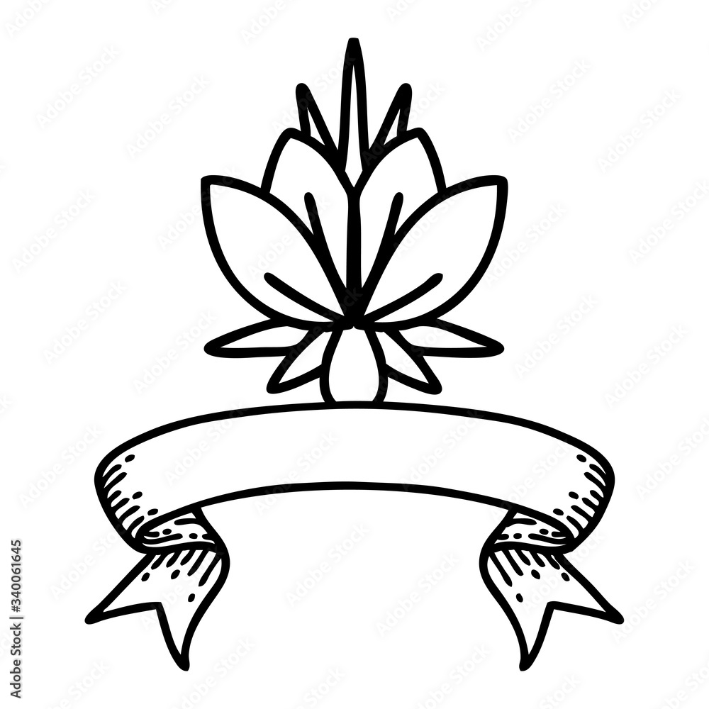 black linework tattoo with banner of a water lily black linework tattoo with banner of a water lily