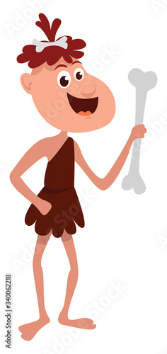 Caveman with bone, illustration, vector on white background