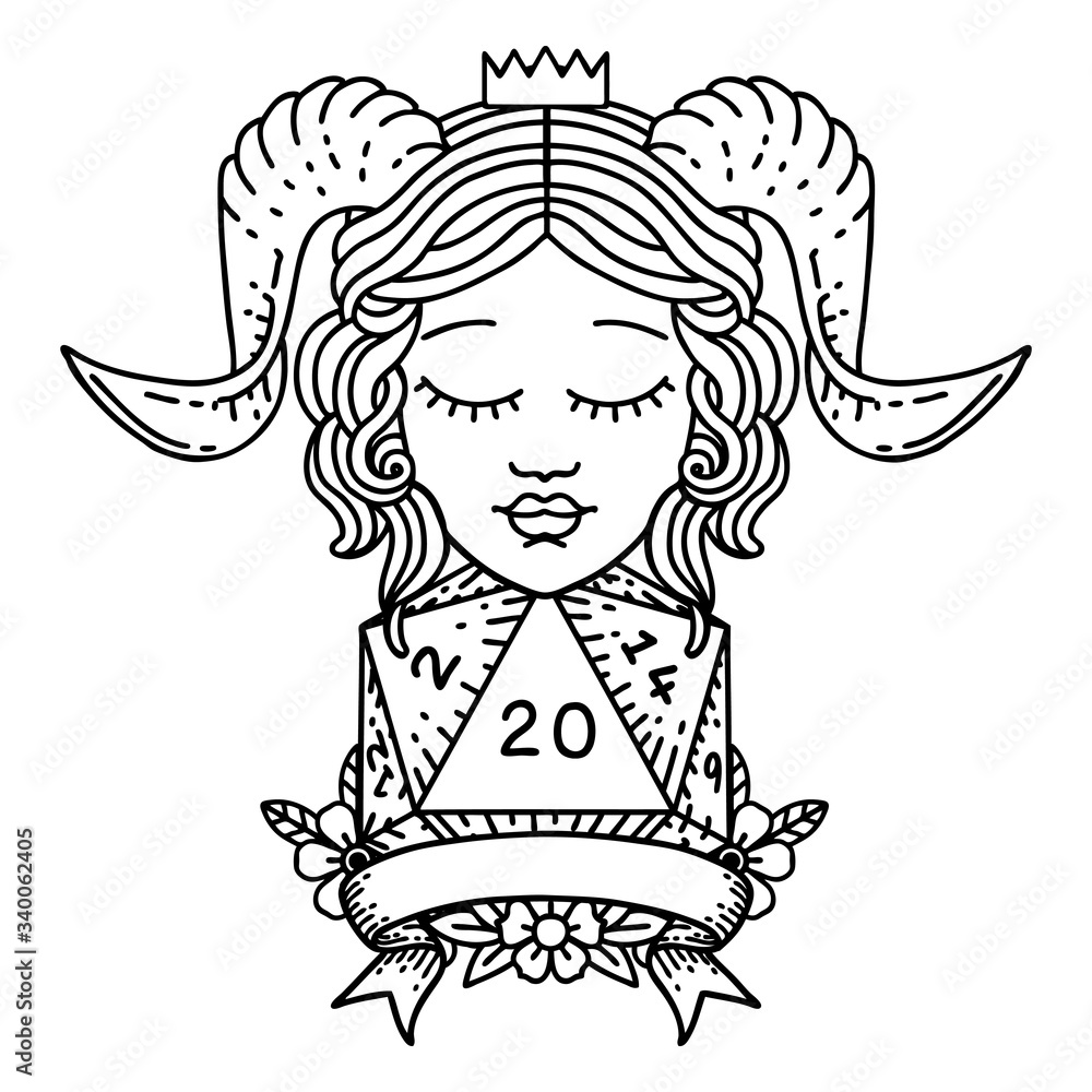 tiefling with natural 20 D20 roll illustration tiefling with natural 20 D20 roll illustration