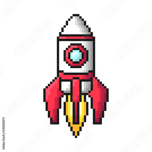 Pixel rocket icon. Vertical view. Vector graphic illustration. Isolated object on a white background. Isolate.